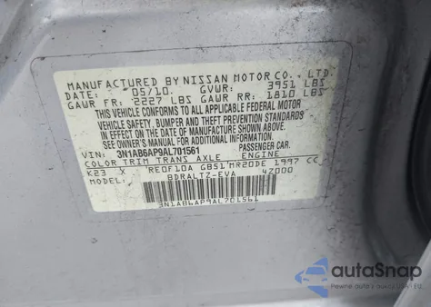 2010 Nissan Sentra 2.0Sr из США, поврежденный, VIN 3N1AB6AP9AL701561